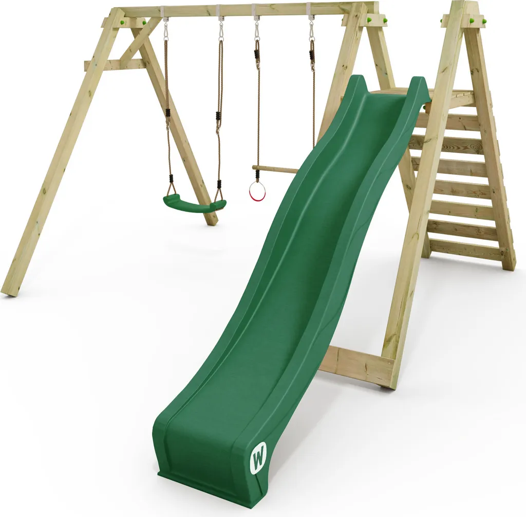 Aire de jeux extérieure avec balançoire et toboggan pour enfants vert