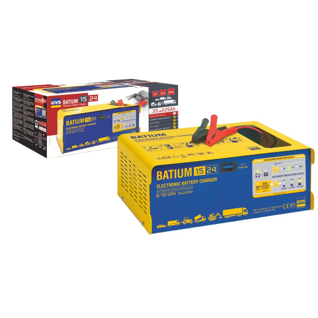 A product shot showing a battery charger and its packaging.