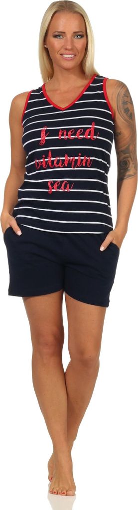 Ärmelloser Damen Shorty Pyjama in maritimer Streifenoptik – auch in Übergrössen erhältlich ; marine , 40