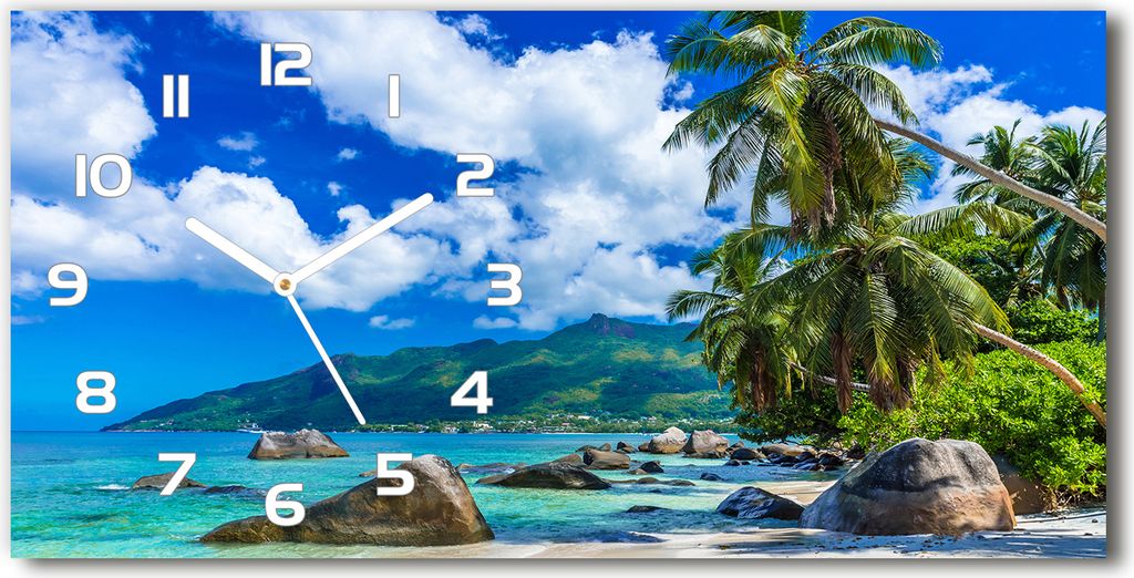 Wanduhr aus Glas – 60x30 cm - Glasbild - Glasuhr - Gehärtetes Glas - weisse-zeiger - Seychellen-Strand