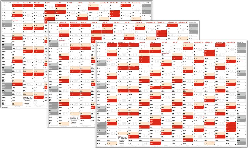 3 Stück XL Wandkalender DIN A1 2026 (rot2) große Tageskästchen (Kalender werden gerollt versendet)