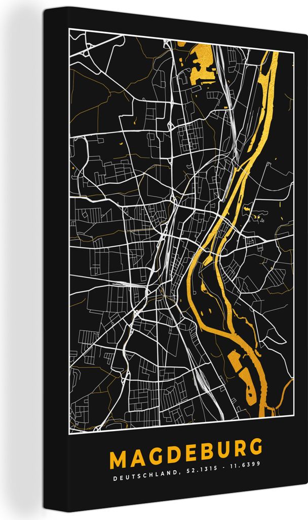 OneMillionCanvasses - Leinwandbilder - 90x140 cm, Madgeburg - Gold - Karte - Stadtplan - Deutschland, Wandbilder Kunstdruck Wanddekoration - Foto...