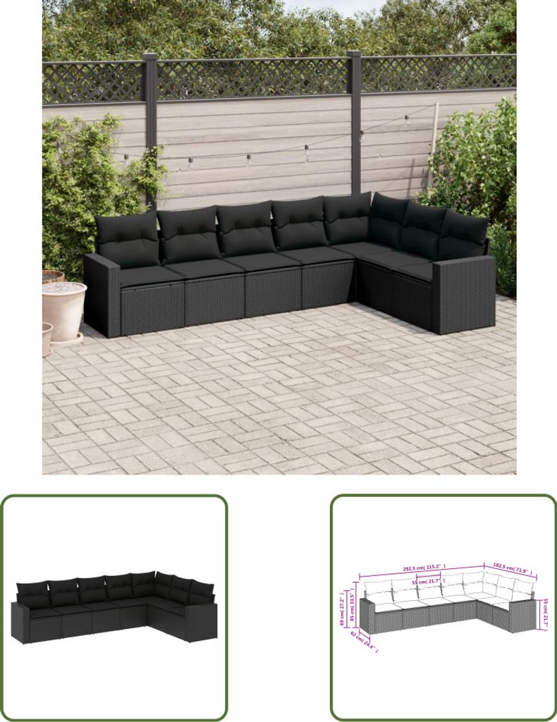 The Living Store 7-tlg. Garten-Sofagarnitur mit Kissen Schwarz Poly Rattan