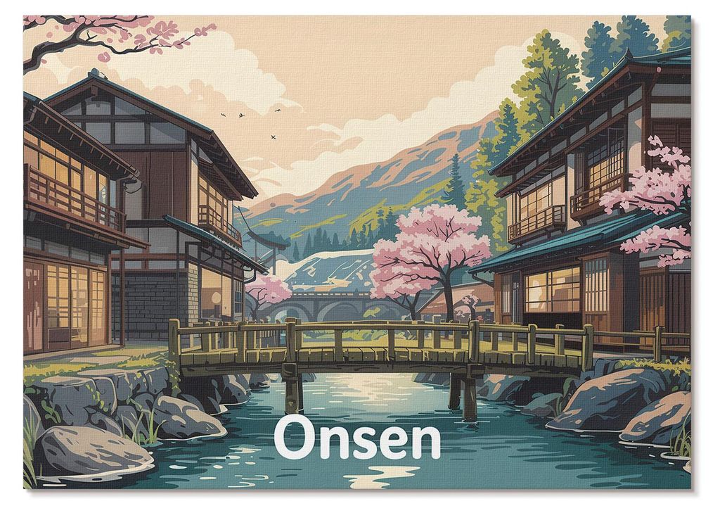 POSTER - 42x29 cm (A3) - Elena Rossi - Landschaft mit japanischer Architektur und Kirschbäumen - Wandbild für Wohnzimmer Schlafzimmer & Flur, Mod...