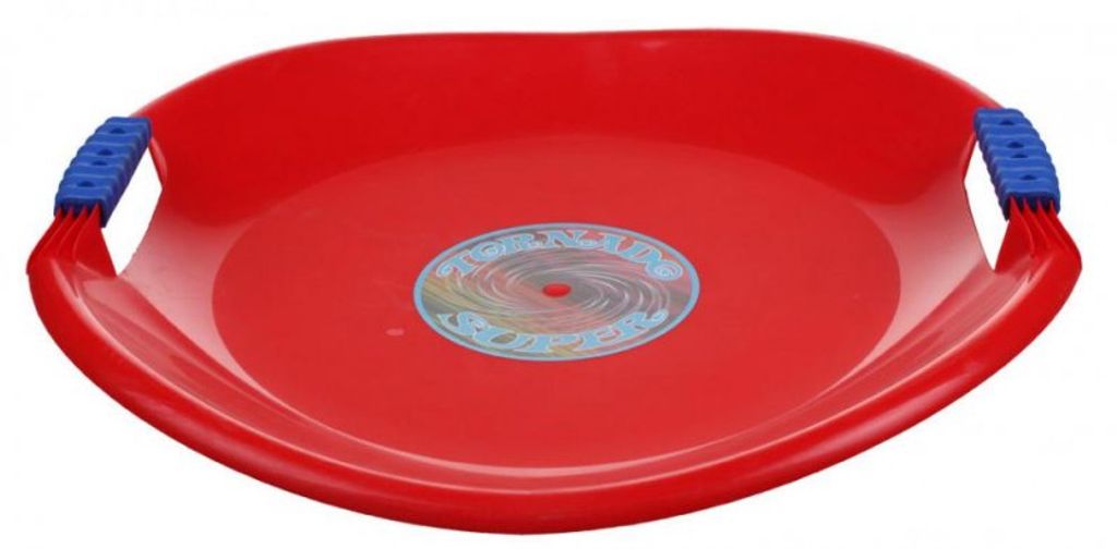 A red disc sled with blue handles is shown from a slightly elevated diagonal angle against a white background.