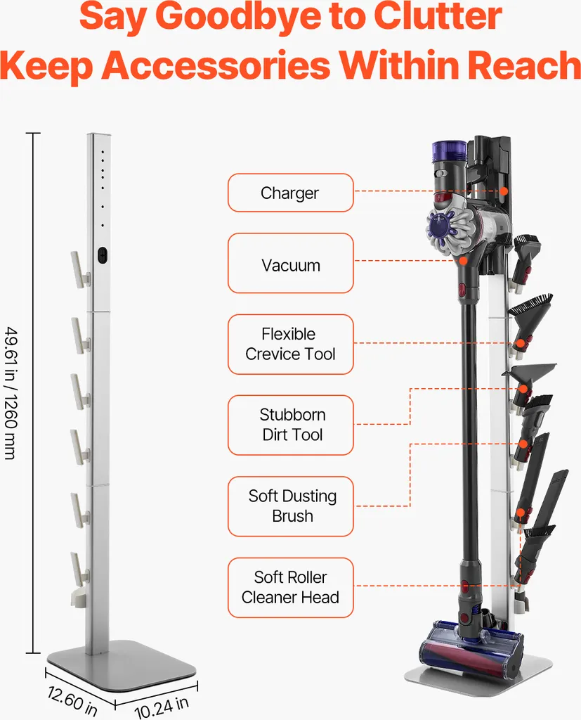 Support Aspirateur Dyson Argenté 126 cm avec Base Stable sans Perçage - 4