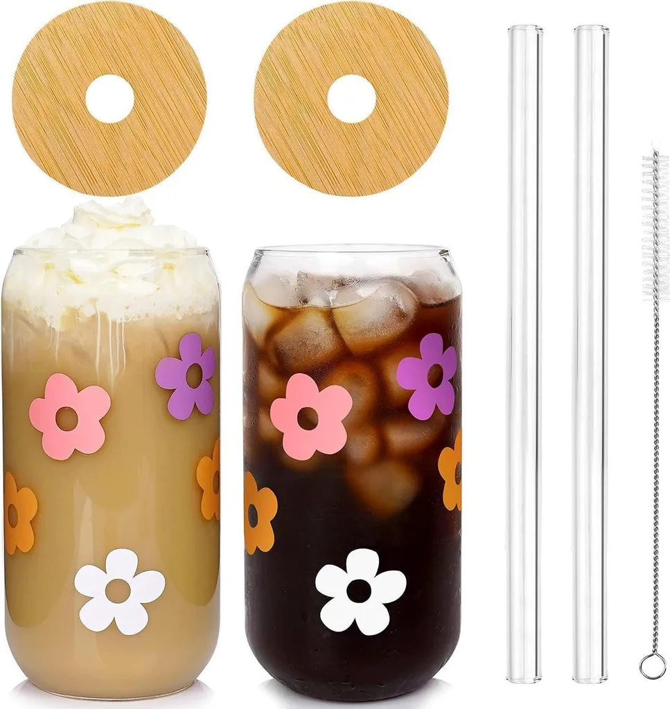 2 Bicchieri Vetro Riutilizzabili 590ml con Cannuccia Vetro e Coperchio