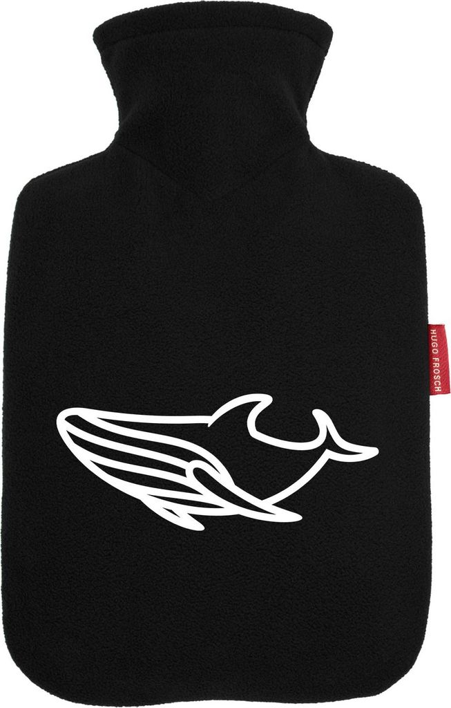 Huuraa Wärmflasche Blauwal Silhouette 1,8 Liter Black Classic Veloursbezug Bettflasche Geschenkidee