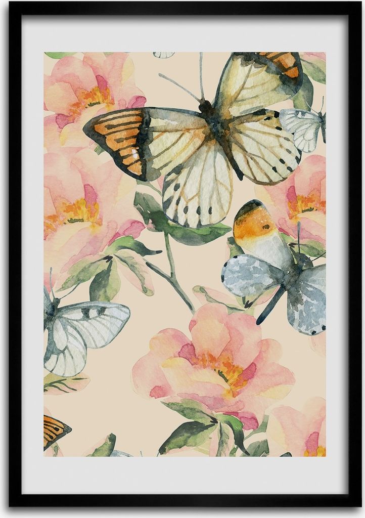 Bild - Bilderrahmen - 50 cm x 70 cm - MDF - Rahmen - Wandkunst Rosen und Schmetterlinge