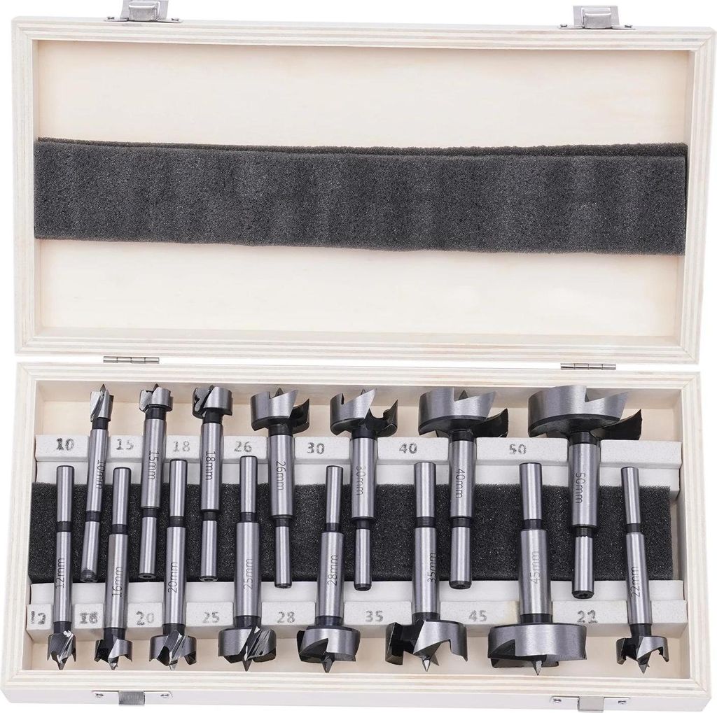 Holzbohrer Set - Forstnerbohrer & Lochsäge - 15tlg. - 10–50 mm - Tiefenanschlag - Hochkohlenstoffstahl - Scharnierbohrer für Möbel - Silber