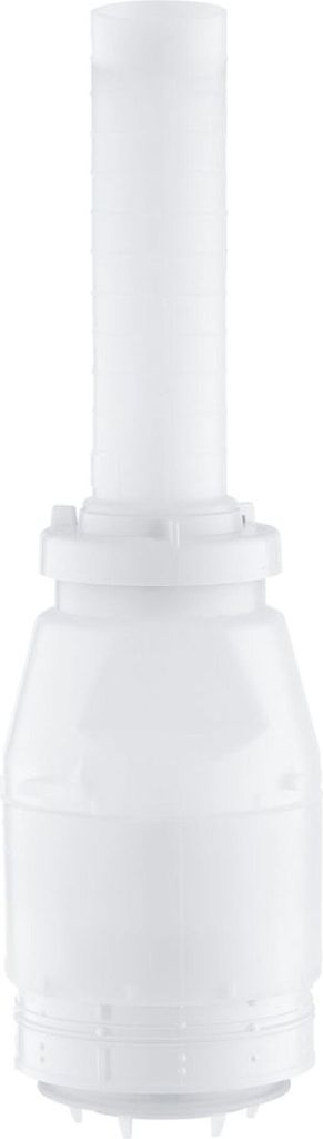 A white plumbing fixture part, likely a valve or drain component, is shown against a plain white background.