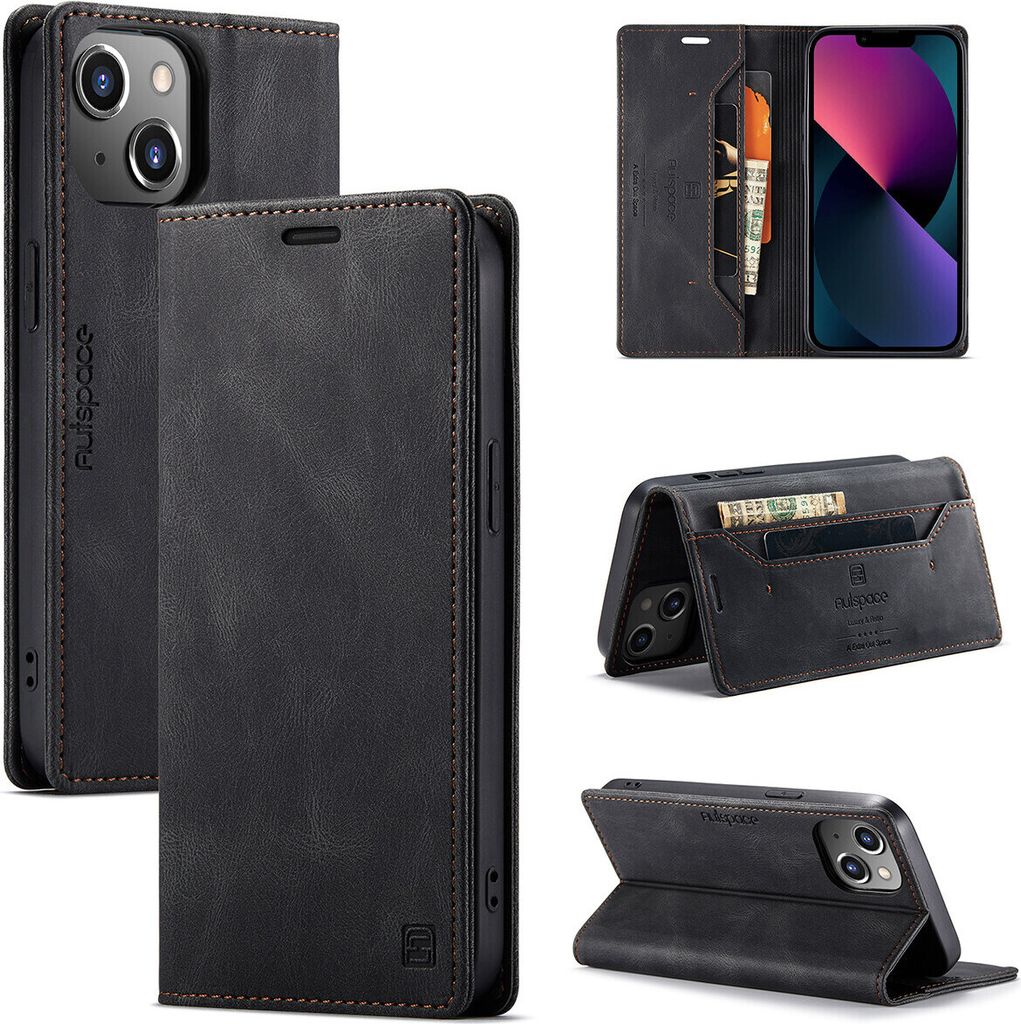 iPhone 13 Brieftasche Hülle, Retro Kunstledertasche Stand Schutzhülle für iPhone 13 Schwarz