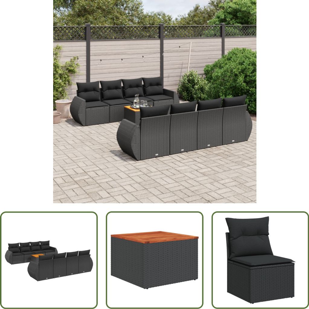 The Living Store 9-tlg. Garten-Sofagarnitur mit Kissen Schwarz Poly Rattan