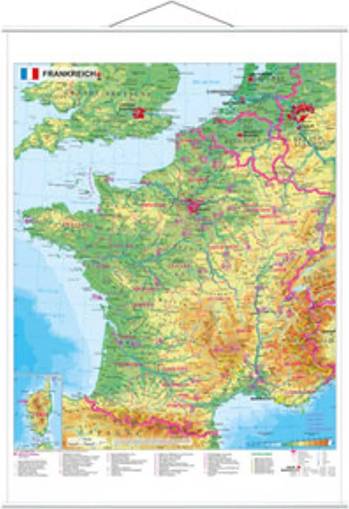 Carte murale France physique indéformable avec lests métalliques intégrés