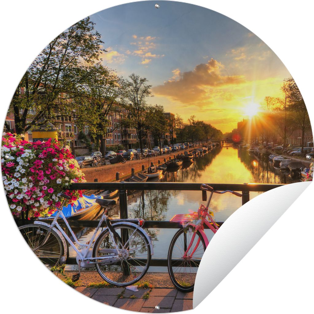 MuchoWow Gartenposter Outdoor-Poster Rund Amsterdam - Blumen - Brücke - Fahrrad - Sonnenuntergang Ø 90 cm Gartendeko Rundes Poster draußen
