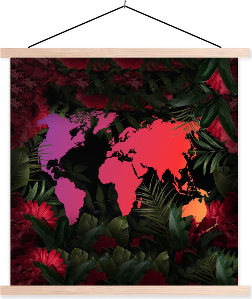 MuchoWow Textilposter Weltkarte - Farben - Blumen 40x40 cm mit holzfarbenen Rahmen - Posterleiste