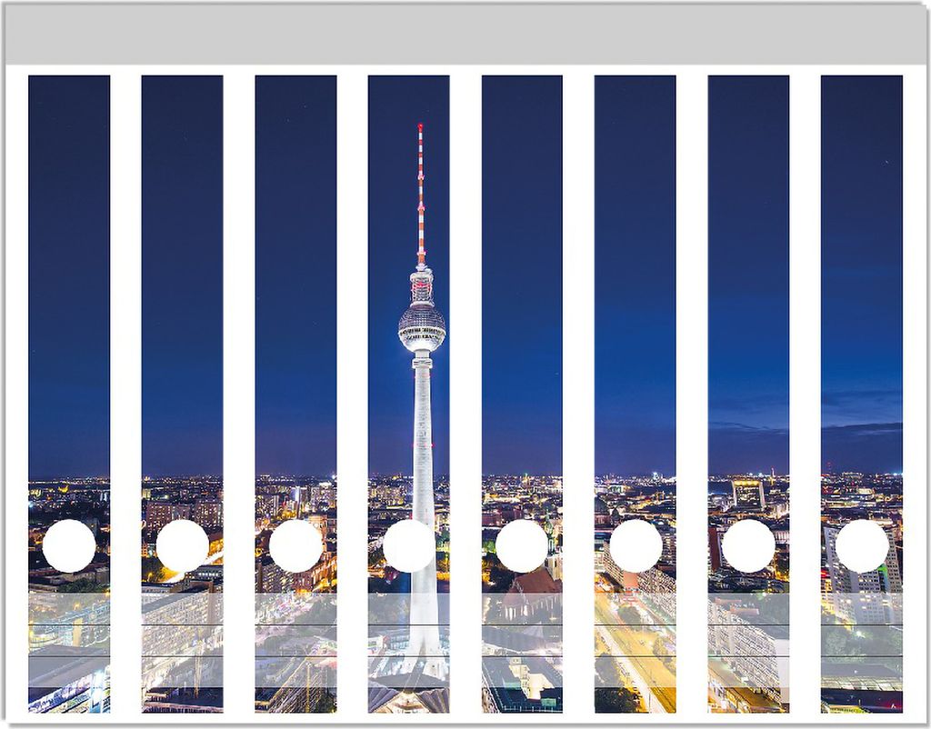 Wallario Ordnerrücken Sticker, selbstklebend für schmale Ordner, 8 Stück, Motiv Fernsehturm Berlin bei Nacht