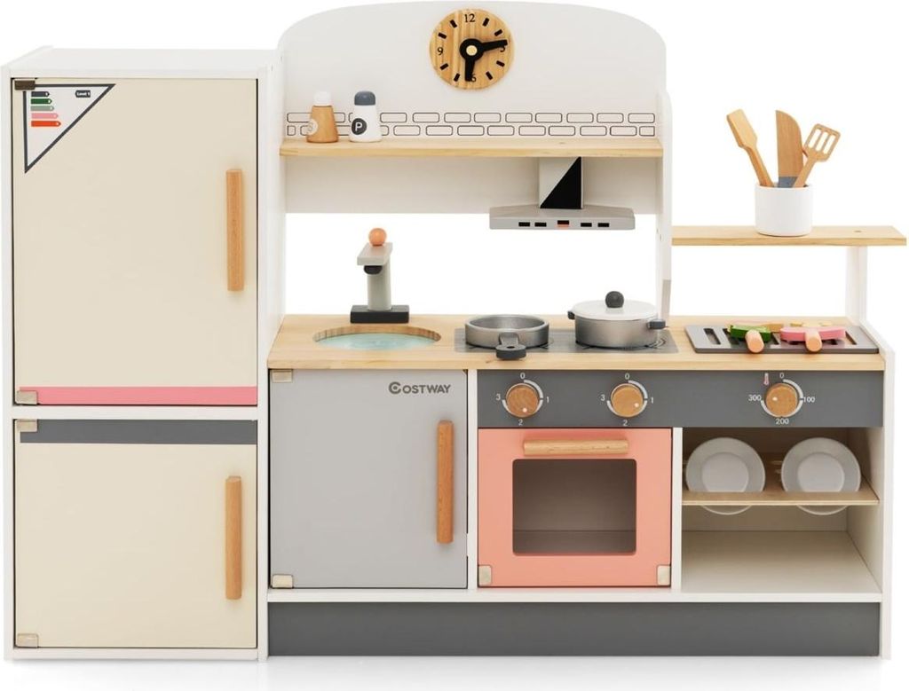 Spielküche aus Holz für Kinder mit Dunstabzugshaube, Kühlschrank und Wasserhahn