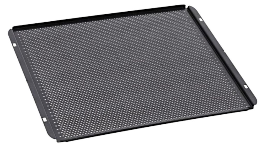 A perforated baking sheet is shown from a slightly elevated angle.