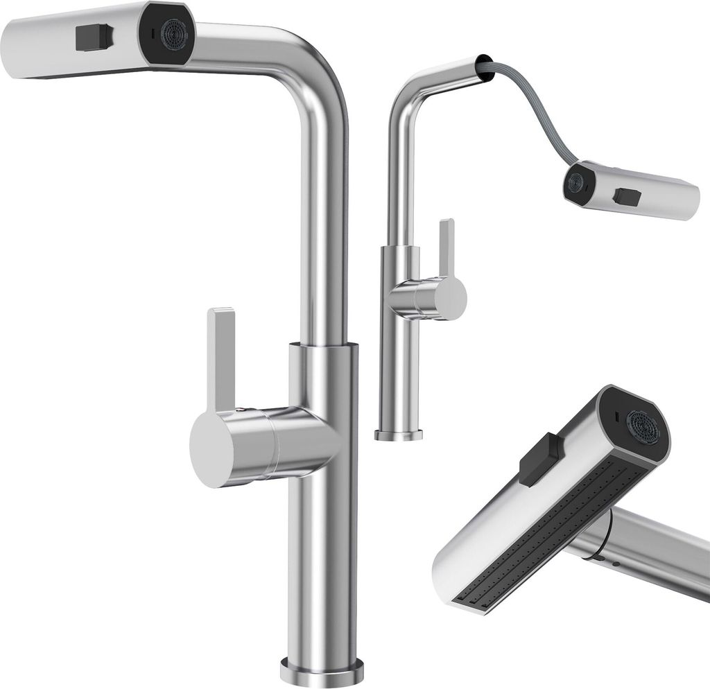 Granitan GIRO Mischbatterie Küche mit Brause Schwenkbarer Ausziehbar, Silber