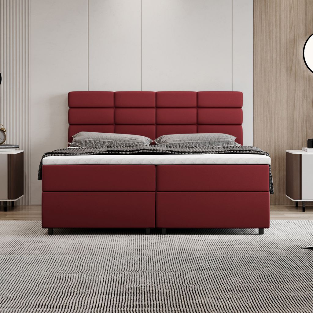 Boxspringbett 160x200, mit Bettkasten, Rot, Matratze und Topper, Doppelbett, REVE, Panda Möbel