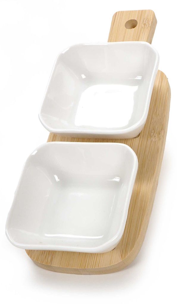 3-tlg. Tapas-Set, 2 weiße rechteckige Keramik-Schalen, 1 Bambus-Tablett, für Snacks, kleine Vorspeisen, Fingerfood etc.