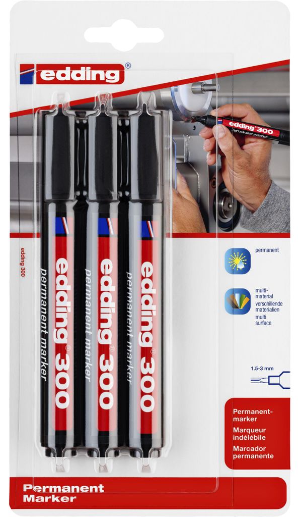 Edding Permanentmarker 300 1,5-3 mm schwarz 3er-Blister Produktbild 