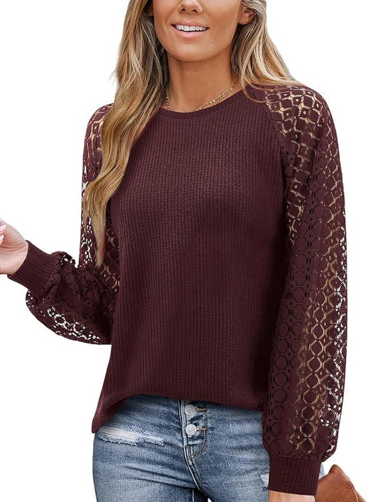 Elegante Damen Spitzenbluse Rot Wein Langarm L