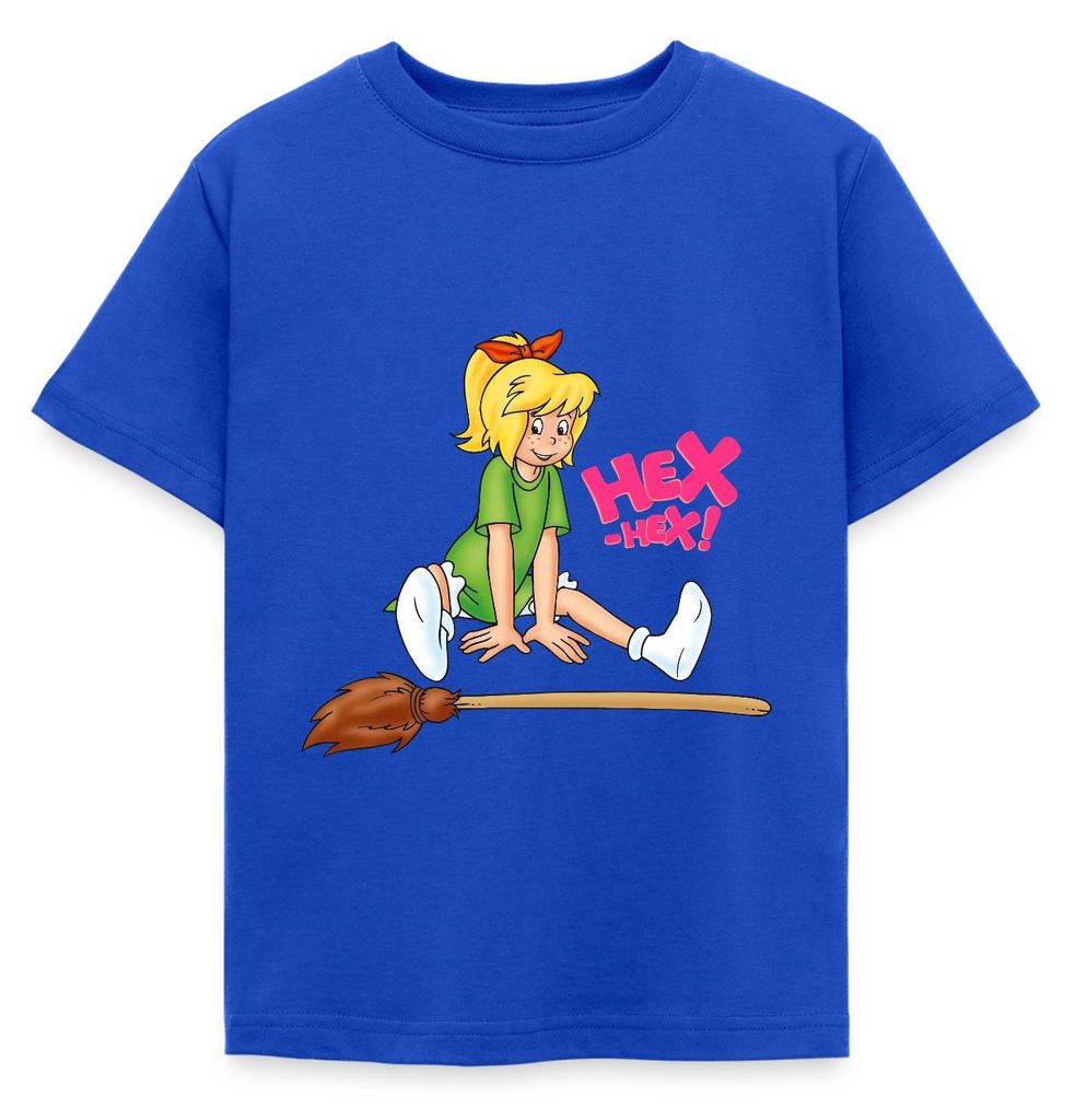 Spreadshirt Bibi Blocksberg Hex-Hex Flieg Los Kartoffelbrei Kinder T-Shirt, 122/128 (7-8 Jahre), Royalblau