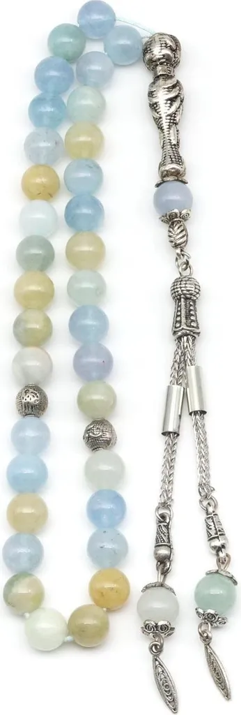 Chapelet en aigue-marine et héliodore 33 perles 8mm avec ornements