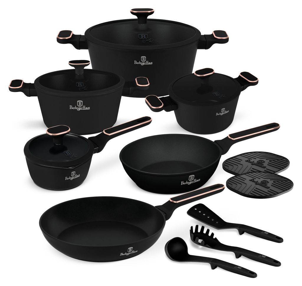 A collection of black cookware with rose gold accents, arranged on a white background.