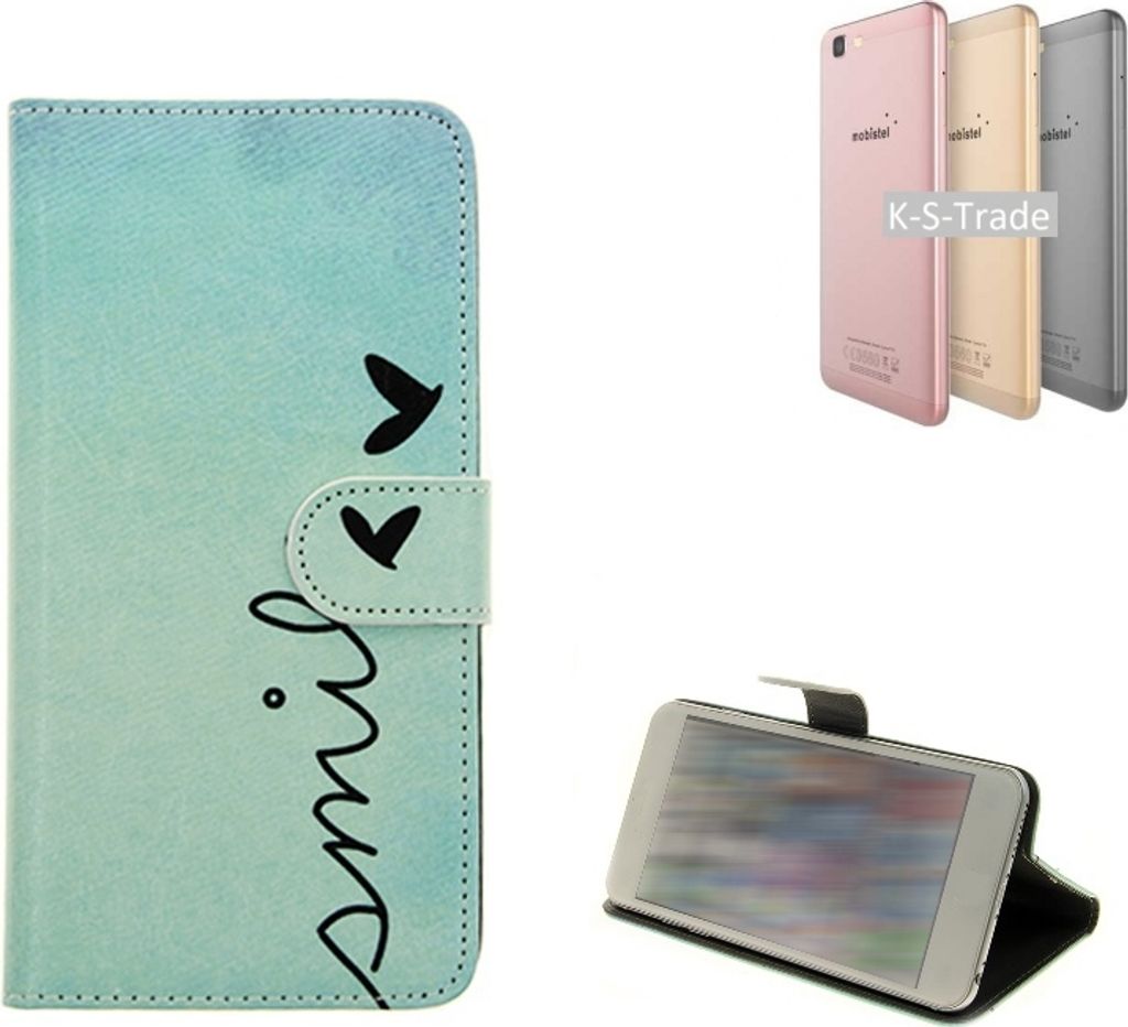 K-S-Trade Schutz-Hülle Handy-Hülle kompatibel mit Mobistel Cynus F10 Hülle Wallet Case Flip cover bookstyle Etui Handyhülle ''smile'' türkis