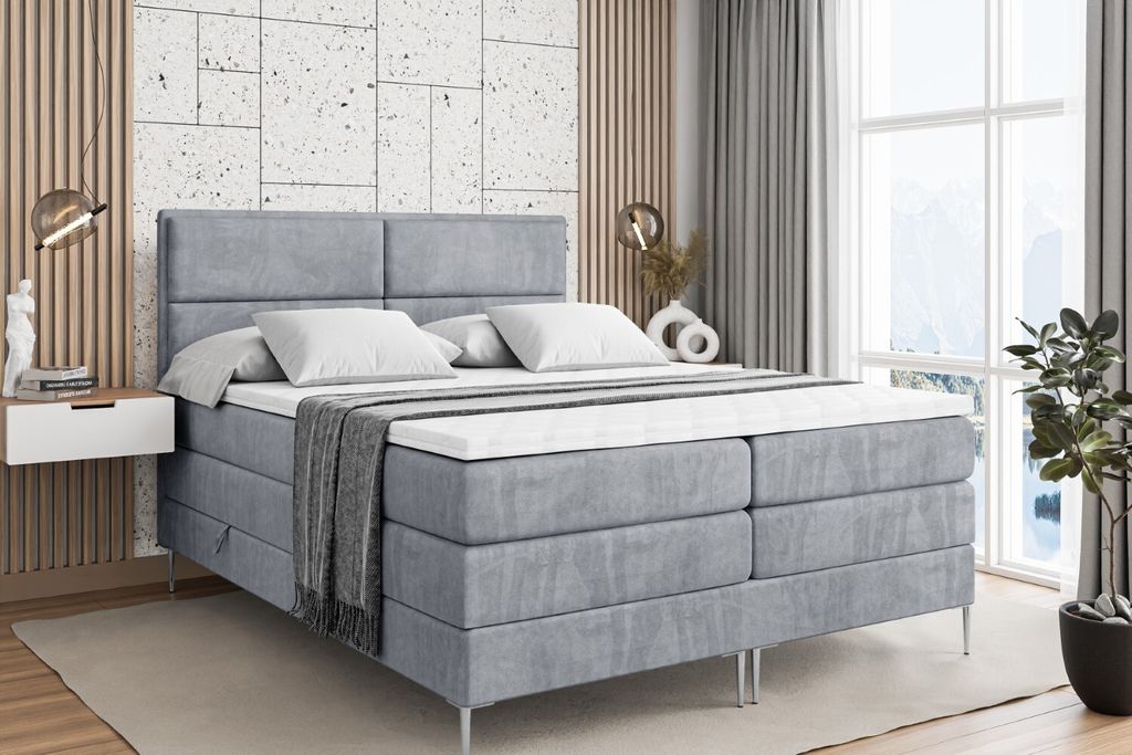 ALTDECOR Boxspringbett mit Silber Füßen, Matratze und Lattenrost, Topper, Polsterbett mit Bettkasten, Bett mit Stauraum H3- und H4- Matratze, Dop...