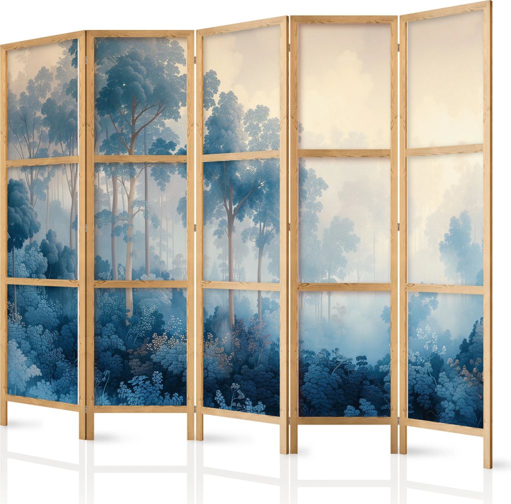 5-teiliger Einseitiger Vlies Japanischer Paravent - Landscape with Trees in Illustrative Style - Fairy-Tale Blue Forest 225x172 cm Blumen c-H-10024...