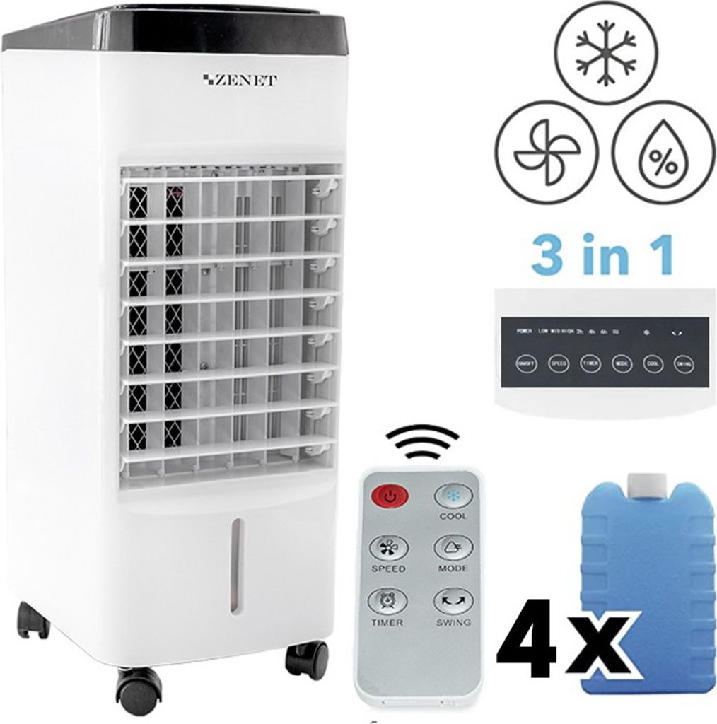 A collage of images showcasing a white air cooler, its remote control, and accessories, along with icons representing its functions.