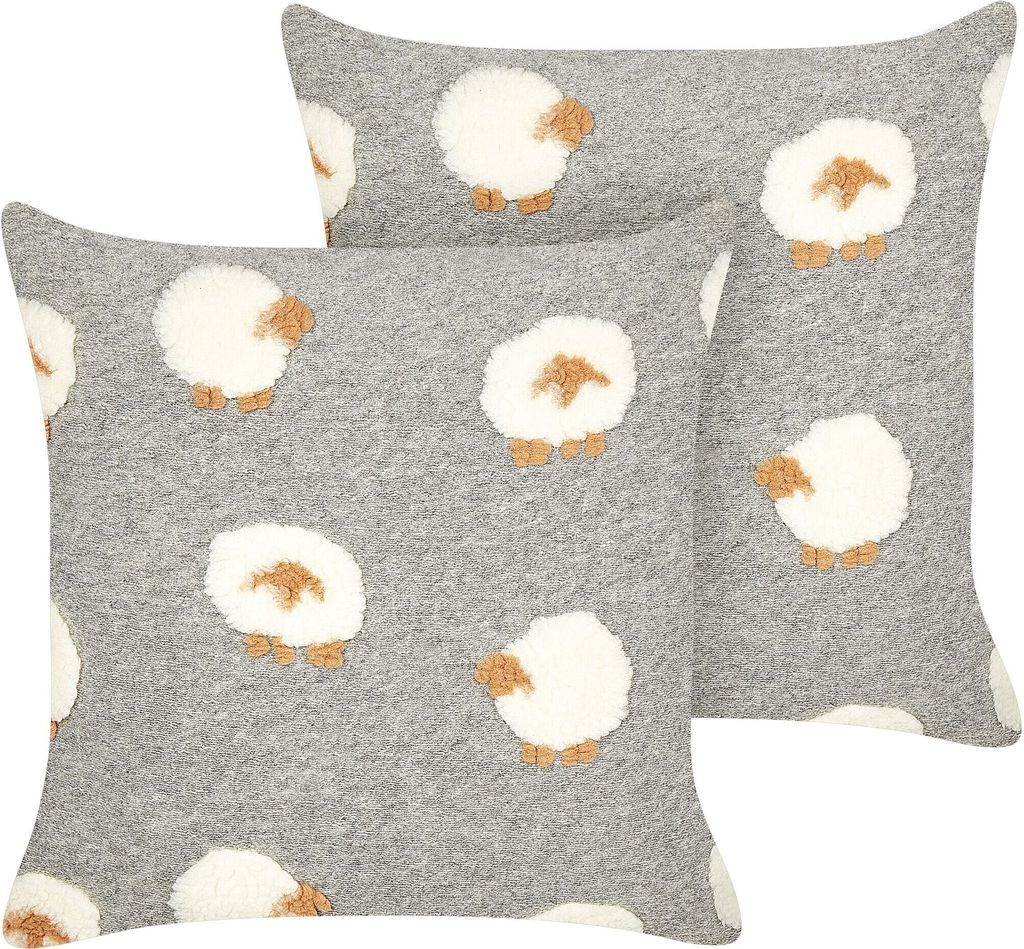 BELIANI Dekokissen 2er Set Grau und Weiß Stoffbezug 45x45 cm mit Füllung Tiermotiv Schaf Wolloptik Quadratisch Modern Sofa Bett Wohnzimmer Kinder...
