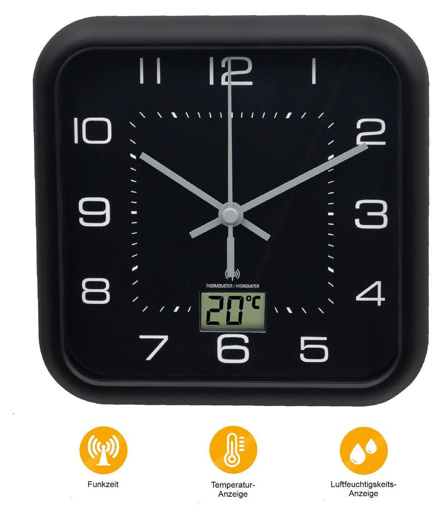A black square alarm clock with a digital display showing the temperature.