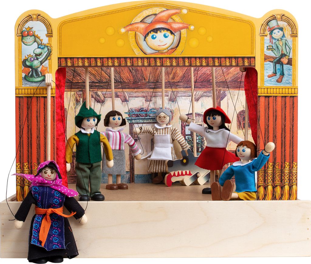 A puppet theater with several puppets on stage.