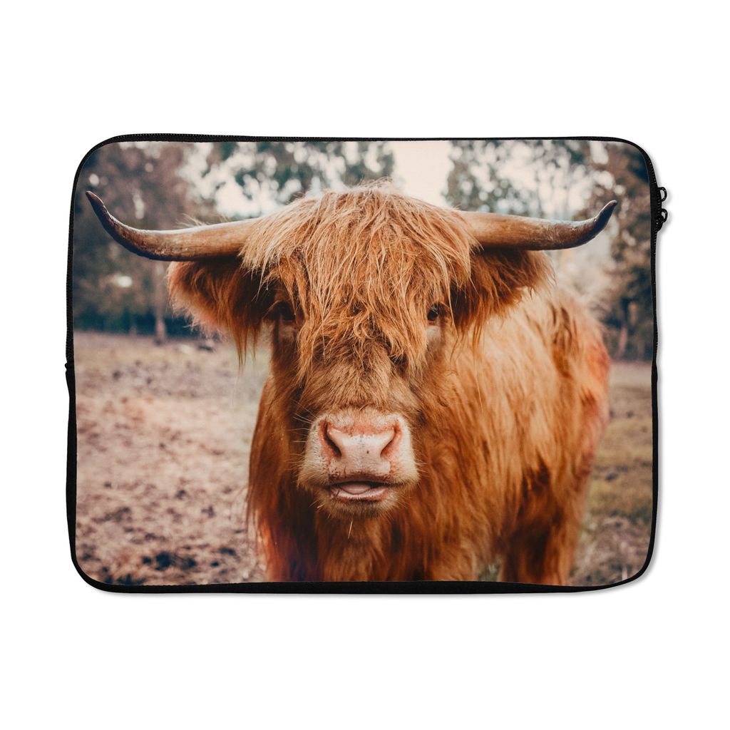 MuchoWow Laptop Hülle 17 Zoll Laptoptasche Kuh - Schottischer Hochländer - Hörner - Braun - Landschaft - Zipper - Schutzabdeckung