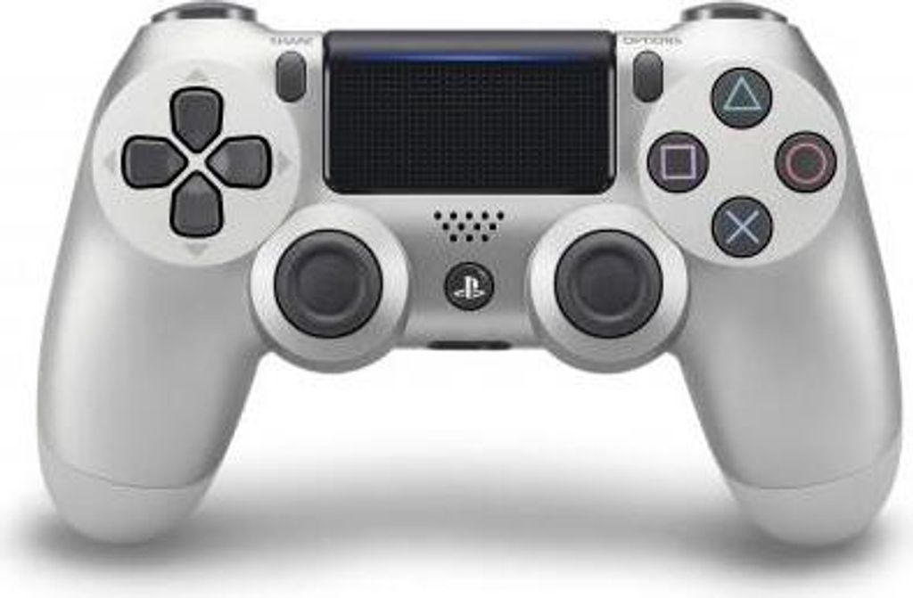 A silver PlayStation 4 controller is shown from the front on a white background.
