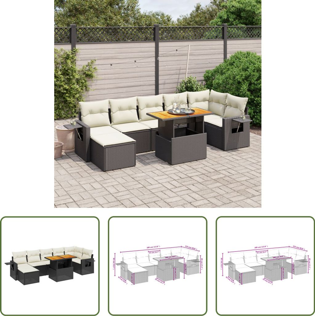 The Living Store 8-tlg. Garten-Sofagarnitur mit Kissen Schwarz Poly Rattan