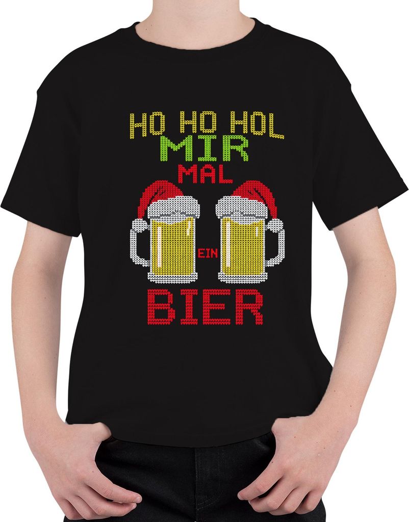 Ho Ho hol mir mal ein Bier Weihnachtsstrick Bierkrug Bierliebhabe Uni Kinder T-Shirt, Schwarz, 140