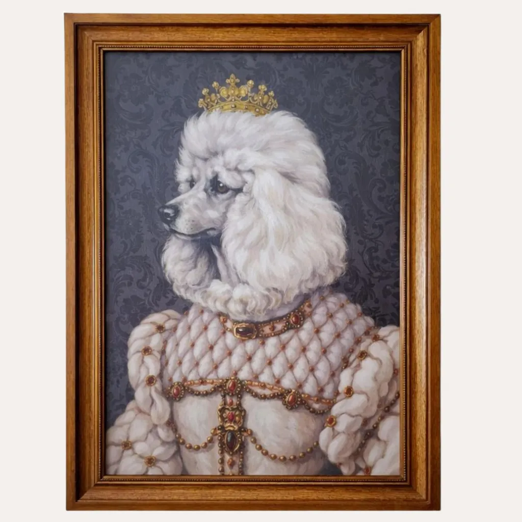 Portrait Animalier Vintage Chienne Princesse et Cadre Bois de Qualité
