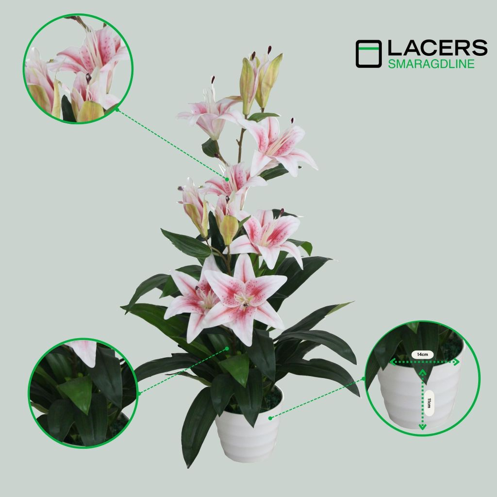 Lacers SMARAGDLINE künstliche Lilien weiß/rosa 90cm - Dekorative Kunstpflanze im Topf-lebendige Farben-wie echt wirkende Blätter & Blüten