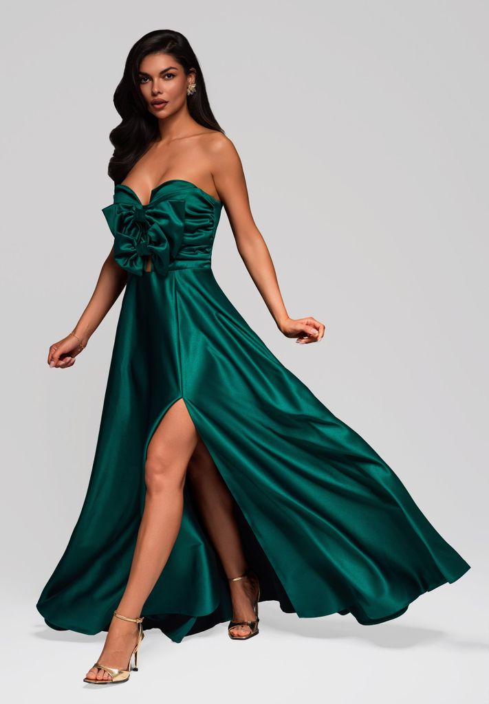 Ombre Abendkleid mit XXL-Schleife und Beinschlitz grün S