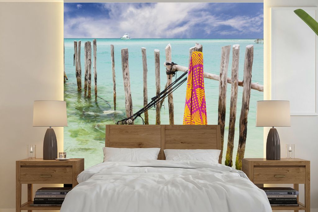 MuchoWow Fototapete für Wohnzimmer oder Schlafzimmer Wandtapete Vinyl Motivtapete Holzpfähle im Karibischen Meer auf der Insel Isla Mujeres - 2...