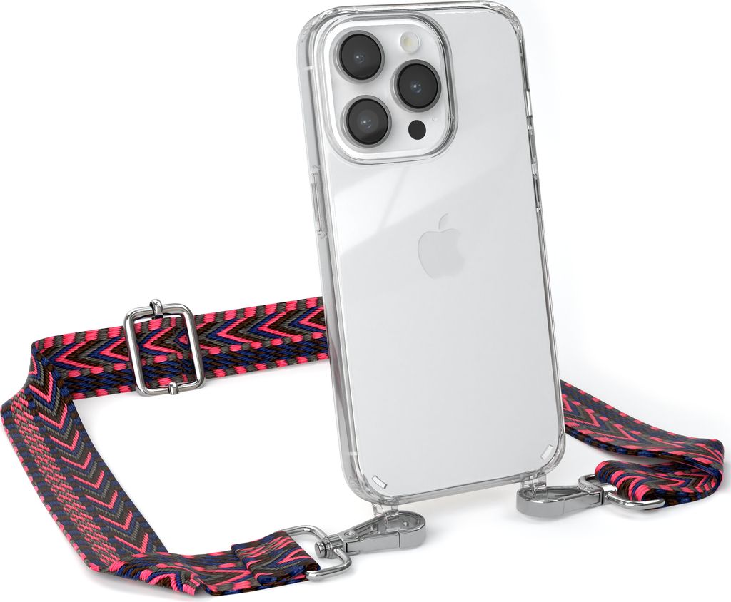 EAZY CASE Handykette - Verstellbarer Trageriemen kompatibel mit Apple iPhone 14 Pro, Handykordel mit transparenter Silikon-Hülle, Band in Rosa