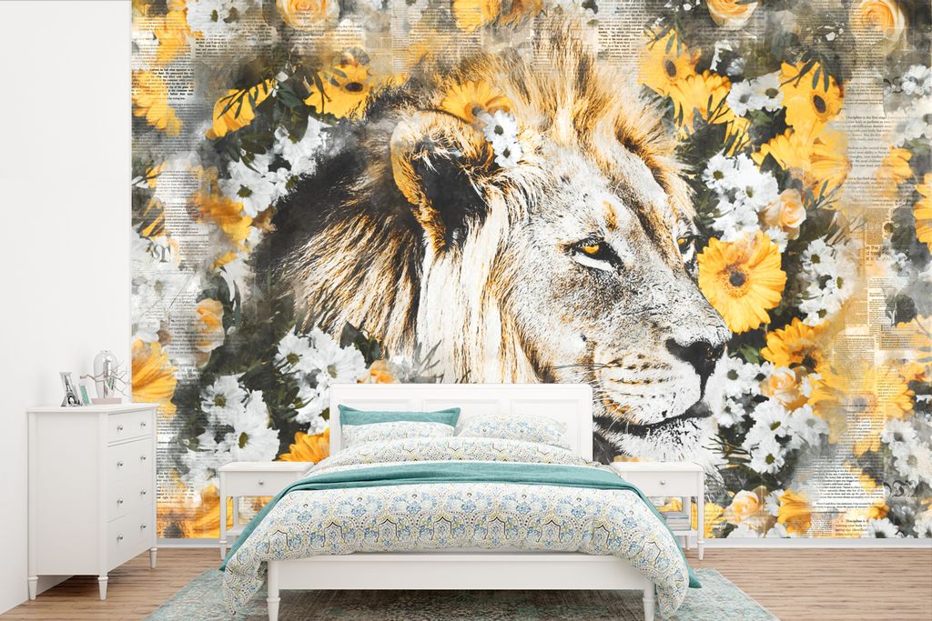 MuchoWow Fototapete für Wohnzimmer oder Schlafzimmer Wandtapete Vinyl Motivtapete Löwe - Blumen - Schwarz - Weiß - 330x220 cm - Fototapeten