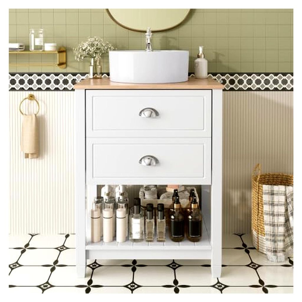 Badezimmerschrank mit Waschbecken – Stehender Waschtisch mit rundem Keramikbecken, 2 Schubladen und offenem Ablagefach, 60 cm, Weiß und Holzoptik