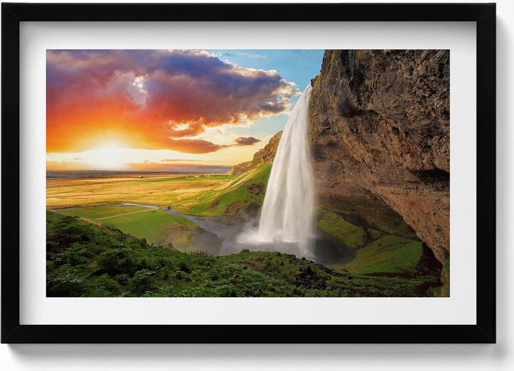 Wasserfall in Island– Wandbild mit Rahmen – Gerahmtes Bild – Wanddekoration – 60x40 cm – Schwarz Rahmen